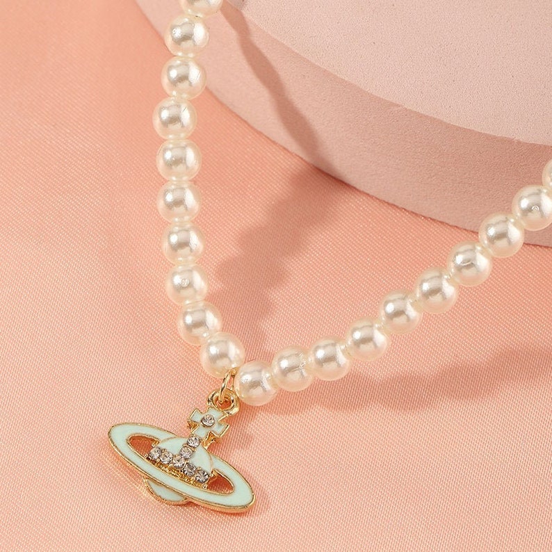 Pearl Necklace with Saturn Turquoise Pendant Beaded Etsy
