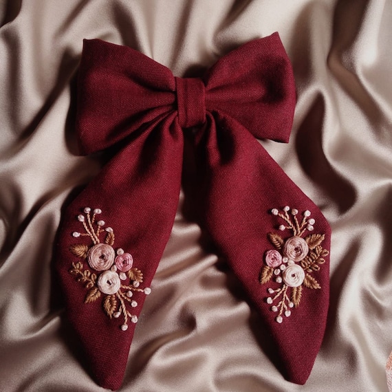 Embroidered Hair Bow Linen Hair Bow hair Accessories Hand