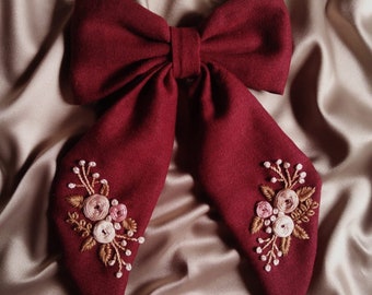 Embroidered hair bow, Linen hair bow,Hair accessories, Hand embroidred barrette, Bow hair tie, Gifts for her, valentine's gifts