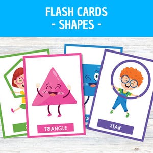 May include: Four colorful flash cards with illustrations of a star, triangle, square, and pentagon. Each card features a cartoon character holding the shape and the name of the shape written below.