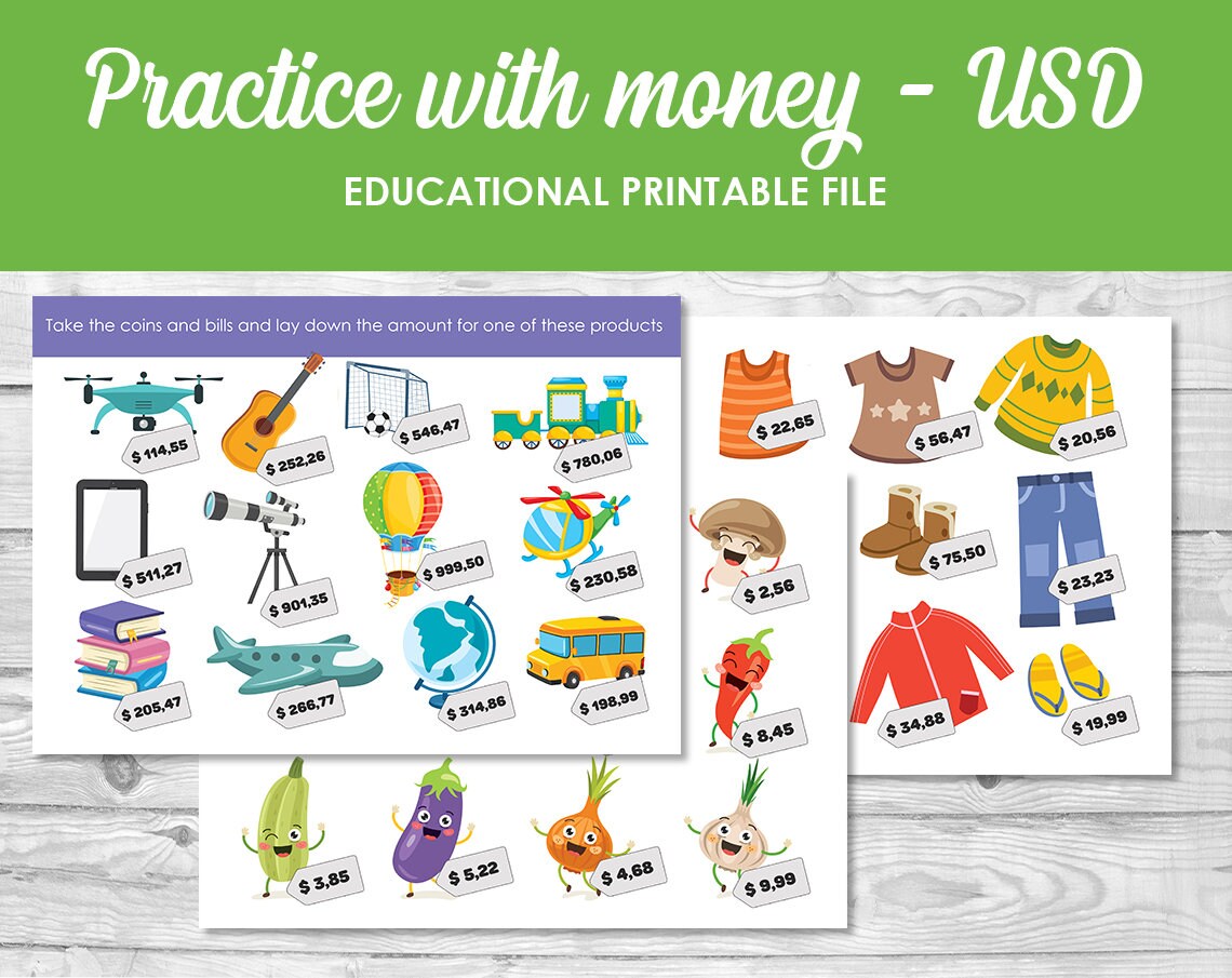 practice with money us dollars printable pretend play money etsy