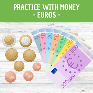 Puede incluir: Un conjunto de monedas y billetes de euro, que incluyen monedas de 1, 2, 5, 10, 20, 50 céntimos, billetes de 1, 2, 5, 10, 20, 50, 100, 200 y 500 euros. Las monedas y los billetes están dispuestos sobre una superficie de madera blanca. El texto "PRACTICE WITH MONEY - EUROS -" se muestra sobre las monedas y los billetes.