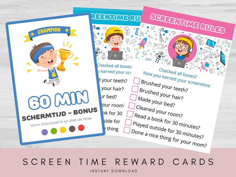 Screen Time Reward Cards - Printable Kids Reward System for Limiting ...
