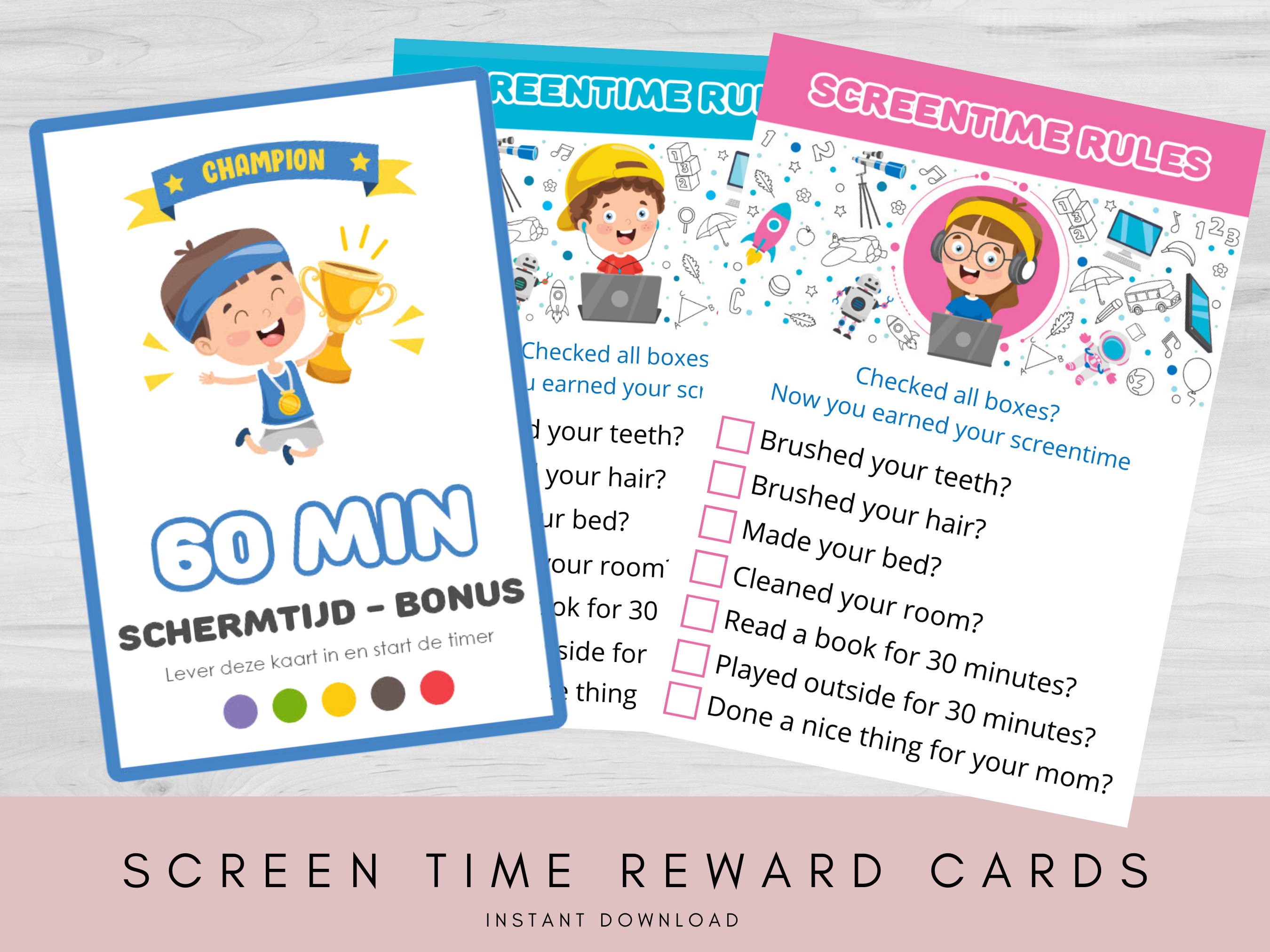 Screen Time Reward Cards - Printable Kids Reward System for Limiting ...