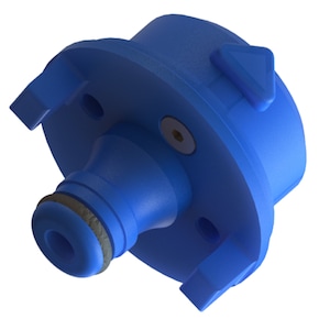 May include: A blue plastic connector with a threaded end and a locking mechanism. The connector has a small hole in the center.