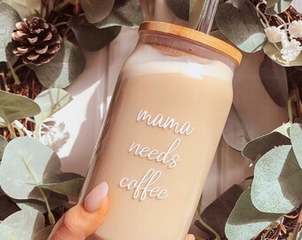 ICED COFFEE CUP | Mothers Day Gift | Glass can with bamboo lid and straw | Drinking glass | Libbey glass | 16oz | Cold cup | Gift for mum |