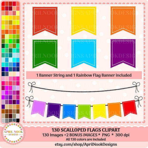 130 Scalloped Flags Clipart- Rainbow Banner png- Baby Shower Clipart- Birthday Party Bunting- Flag Banner Stickers- EC Planner Boxes