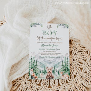 Editable Let the Adventure Begin Baby Shower Invitation-Oh Boy Woodland Baby Shower Invitation-Forest Mountain Baby Shower Invite-BSAW11-V2