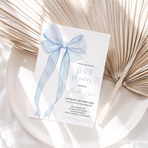 Blue Bow Baby Shower Invitation: Pastel Coquette Design (Digital Download