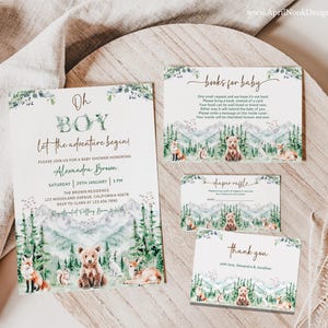 Editable Let the Adventure Begin Baby Shower Invitation Set-Oh Boy Woodland Animals Baby Shower Invite-Forest Mountain Baby Shower-BSAW11-V2