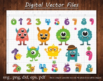 Monster Birthday Svg Baby Bundle Silhouette Stickers Numbers Vector Cut Decal Holiday Print File Party Gift Silhouette Cameo Cricut Files