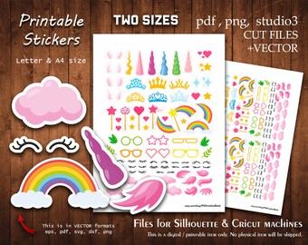 Rainbow Unicorn Svg Printable Stickers Kid Baby Bundle Digital Planner Cut Stick Planning Sweet Girl Print Silhouette Cameo Cricut Files Art