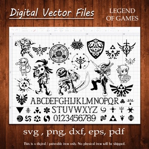 May include: Black and white vector graphics of a video game character, a sword, a shield, a compass, and a set of letters and numbers. The text "LEGEND OF GAMES" is at the top of the image. The text "svg, png, dxf, eps, pdf" is at the bottom of the image. The text "This is a digital / printable item only. No physical item will be shipped." is at the bottom of the image.