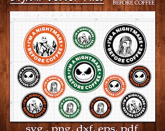 Nightmare Before Coffee Sticker Jack Sally Svg Bundle Silhouette Vector Cut Decal Christmas Print Gift Winter Skellington Cameo Cricut Files