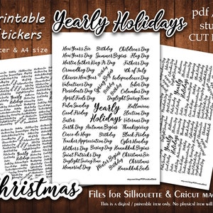 Planner Yearly Holidays - Printable Stickers Collection Planner Cut A4 Letter Stickers Planning Scrapbook Print Cut Silhouette Cameo Cricut