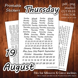 Planejador Data e Dia 3 Coleção de adesivos para impressão Planejador Corte A4 Carta Adesivos Planejamento Scrapbook Impressão Corte Arquivo Silhueta Cameo Cricut