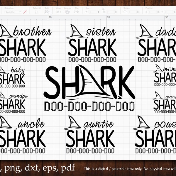 Shark Family Svg Bundle Pegatinas imprimibles Cut Doo Doo Doo Vector Files Silhouette Mommy Daddy Baby Padres Primo Shark Cameo Cricut Files