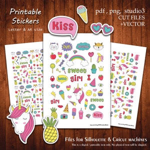Sweet Girl - Colección de pegatinas imprimibles Planificador Cortar pegatinas de letras A4 Planificación Álbum de recortes Imprimir archivo cortado Silueta Cameo Archivos Cricut