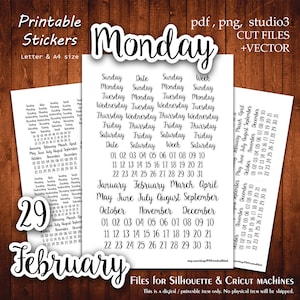 Planejador Data e Dia 5 Coleção de adesivos para impressão Planejador Corte A4 Carta Adesivos Planejamento Scrapbook Impressão Corte Arquivo Silhueta Cameo Cricut