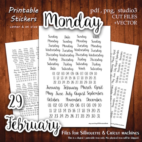 Planner Date &  Day 5 Printable Stickers Collection Planner Cut A4 Letter Stickers Planning Scrapbook Print Cut File Silhouette Cameo Cricut