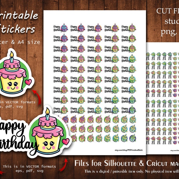 Happy Birthday Kawaii 2 Printable Vector Downloads Stickers Collection Planner Cut A4 Letter Planning Print Silhouette Cameo Cricut Files