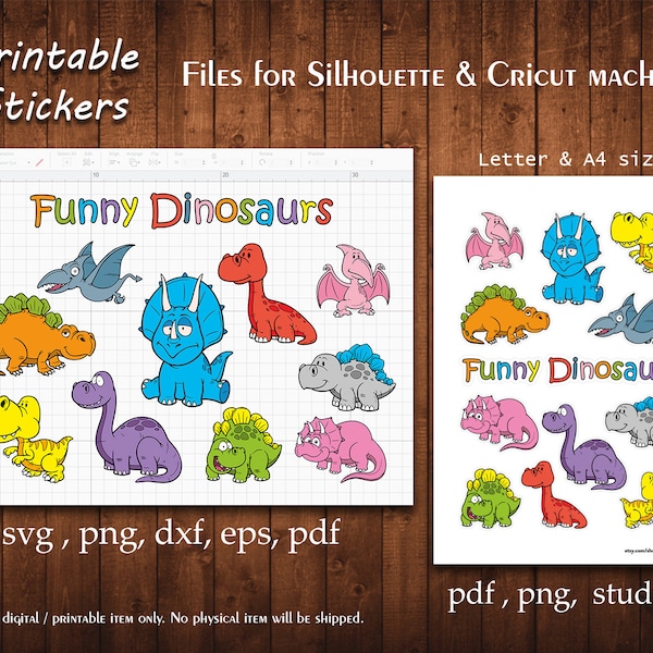 Funny Dinosaur Svg T-rex Dino Printable Sticker Bundle Baby Planner Cut Stickers Planning Scrapbook Print File Silhouette Cameo Cricut Files