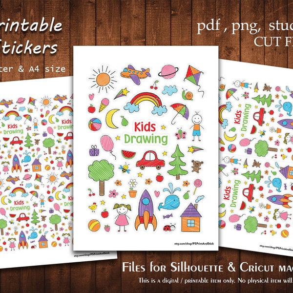 Kids Drawing - Printable Stickers Collection Planner Cut A4 Letter Stickers Planning Scrapbook Print Cut File Silhouette Cameo Cricut Files