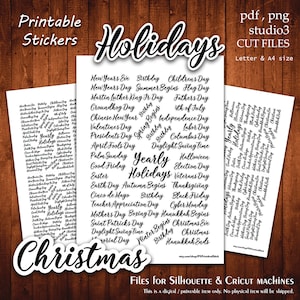 Planner Yearly Holidays - Printable Stickers Collection Planner Cut A4 Letter Stickers Planning Scrapbook Print Cut Silhouette Cameo Cricut