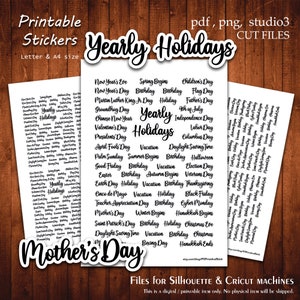 Planejador de feriados anuais 2 - Coleção de adesivos para impressão Planejador Corte A4 Carta Adesivo Planejamento Scrapbook Impressão Corte Silhueta Cameo Cricut