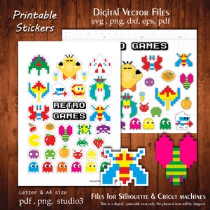 Juegos retro Svg silueta pegatinas imprimibles paquete Gamer Planner corte pegatina planificación archivo vectorial imprimir archivo silueta Cameo Cricut archivos