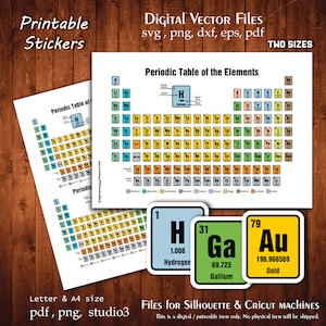 May include: Printable periodic table of the elements stickers in two sizes, letter and A4. The stickers feature the elements hydrogen, gallium, and gold with their atomic numbers and weights. The stickers are in blue, green, and yellow.