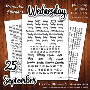 Planejador Data e Dia - Coleção de adesivos para impressão Planejador Corte A4 Carta Adesivos Planejamento Scrapbook Impressão Corte Arquivo Silhueta Cameo Cricut