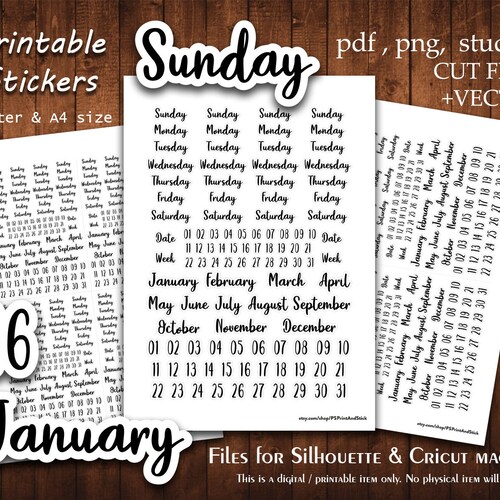 Planner Date &amp; Day 5 Printable Stickers Collection Planner Cut - Etsy