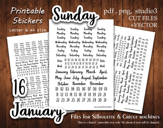 Planner Date &amp; Day 4 Printable Stickers Collection Planner | Etsy