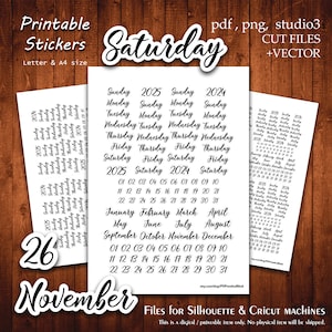 Planejador Data e Dia 2 Coleção de adesivos para impressão Planejador Corte A4 Carta Adesivos Planejamento Scrapbook Impressão Corte Arquivo Silhueta Cameo Cricut