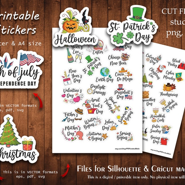 Jaarlijkse USA Holidays Sticker - Afdrukbare Stickers Collectie Planner Cut A4 Letter Planning Scrapbook Print Cut Files Silhouette Cameo Cricut