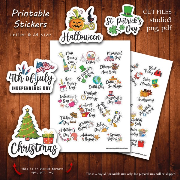 Yearly USA Holidays Sticker - Printable Stickers Collection Planner Cut A4 Letter Planning Scrapbook Print Cut Files Silhouette Cameo Cricut