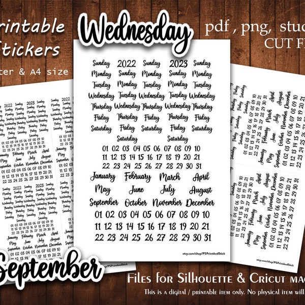 Planner Date &  Day - Printable Stickers Collection Planner Cut A4 Letter Stickers Planning Scrapbook Print Cut File Silhouette Cameo Cricut