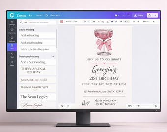 Birthday Invitation | Girls Party Invite | 21 st Birthday Digital Download | Canva Template | Cocktail Invite | Classic Minimilistic eVite