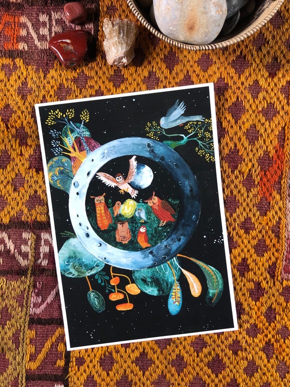 Owl illustration, gouache print, wall art, magic art, moon illustration, pagan art, home decor, boho art, illiustration art, mythical art