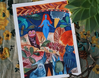 A4 Impression d'art unique à la gouache, art mural, décoration murale, impression d'art, art magique, art populaire, art mystique, déesse, illustration de hibou, art coloré
