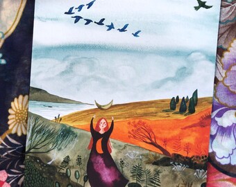 Danse avec la lune, impression aquarelle, art mural, art magique, illustration de la lune, art païen, décoration intérieure, art bohème, art de l'illustration