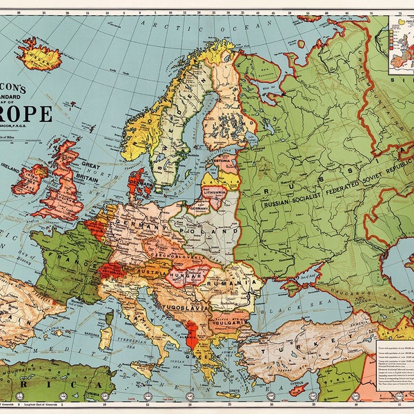 Carte standard de l'Europe de Bacon, vers 1925 - G.W. Gravure vintage bacon - Europe, XXe siècle, histoire