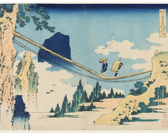 Katsushika Hokusai Print- The Suspension Bridge Between Hida and Etchu - Japanese Art - Wall Art Print - Vintage Art