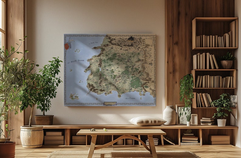 May include: A framed map of Middle-earth, a fictional land from the Lord of the Rings books, hangs on a wall in a room with wooden shelves and plants. The map is printed on a light blue background with brown and green details. The map is surrounded by a decorative border.