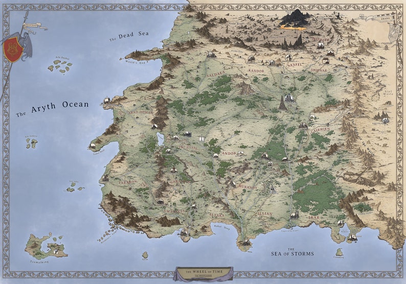 May include: A detailed map of the fictional world of the Wheel of Time, a popular fantasy series. The map shows the continents of Andor, Cairhien, and the Blight, as well as the surrounding oceans. The map is drawn in a vintage style with hand-drawn lines and text.
