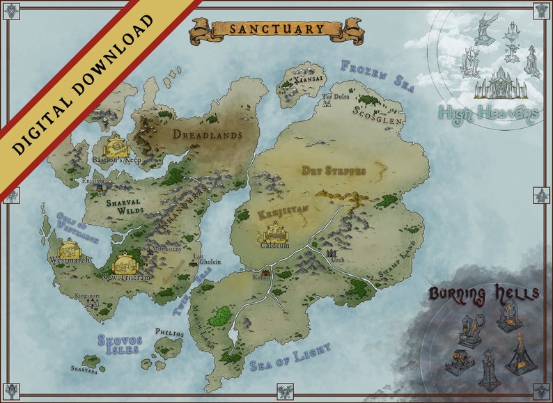 DIABLO. DIGITAL DOWNLOAD map of Sanctuary from Blizzard's classic isometric rpg game. image 2