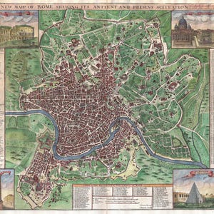 Puede incluir: Un mapa antiguo y detallado de Roma, que muestra su situación antigua y actual. El mapa presenta ilustraciones de monumentos, un río y los alrededores. El título se muestra en la parte superior. El mapa está en tonos verdes, marrones y azules.