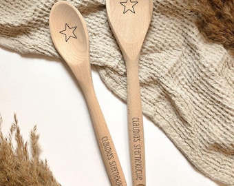 Kochlöffel Geschenkset mit Gravur | 2-teiliges Set aus Buchenholz | Wunschtext und Motiv | Geschenk für Mama, Hobbyköche und Camper