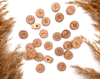 Holz Buchstabenperlen rund | A–Z | graviert | naturbelassenes Buchenholz | für Schnullerketten, Namensperlen und DIY